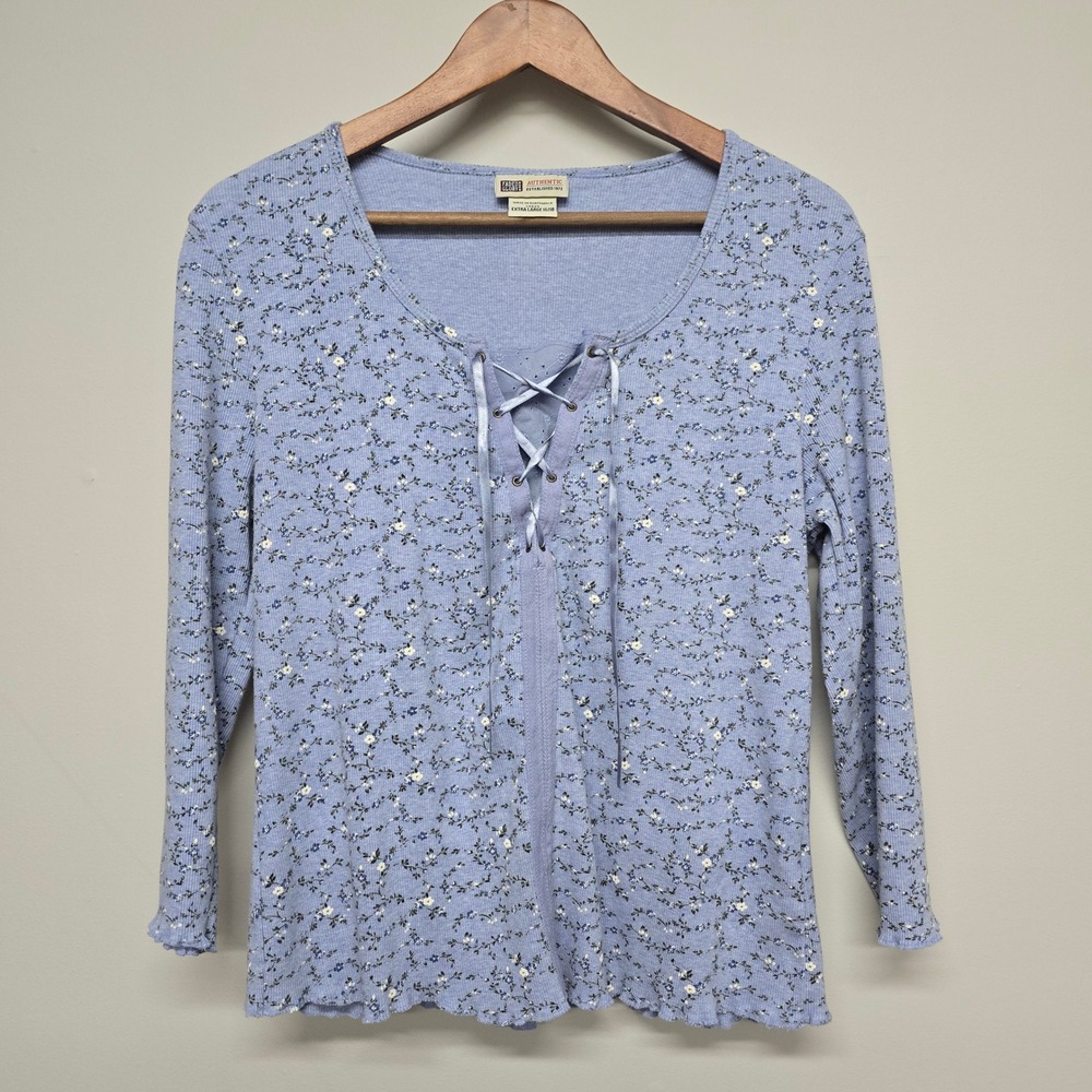 Faded Glory Floral Lace Up Top Womens XL Blue Cotton Blend Lettuce Edge Cottage